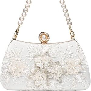 Premium Floral Lace Satin Pearl Top Handle Clutch Handbag With Detachable Chain